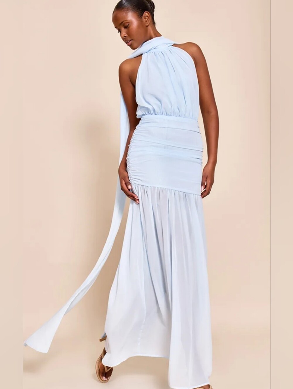 PrettyLittleThing Pale Blue Cape-Back Maxi Gown